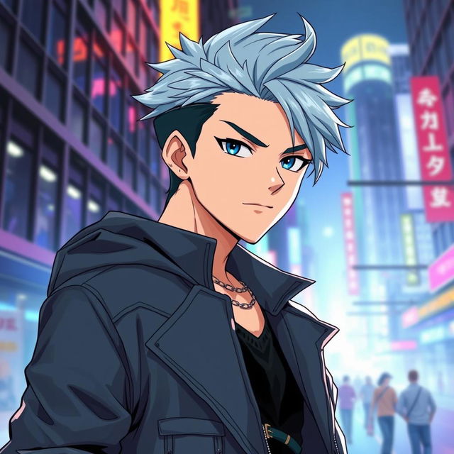 A chic anime guy exuding confidence, determination, and a fashionable style, never giving up no matter the challenge