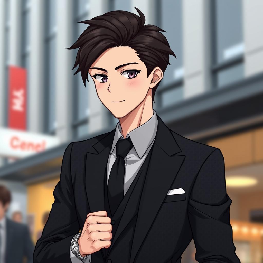 A chic anime guy with a stylish and sophisticated personality, wearing a tailored suit that perfectly complements his fashionable aura