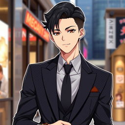 A chic anime guy with a stylish and sophisticated personality, wearing a tailored suit that perfectly complements his fashionable aura