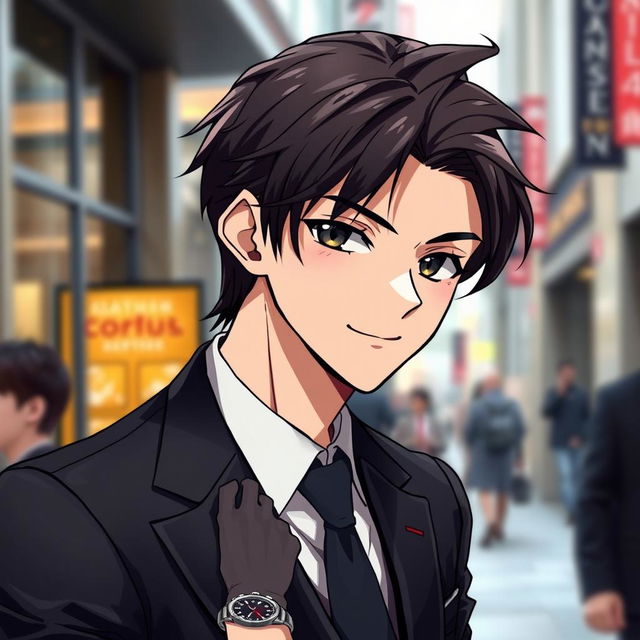 A chic anime guy with a stylish and sophisticated personality, wearing a tailored suit that perfectly complements his fashionable aura