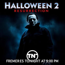 A thrilling movie poster for 'Halloween Resurrection 2', featuring the iconic figure of Michael Myers in a menacing pose, shrouded in shadows, highlighting his signature mask and dark outfit