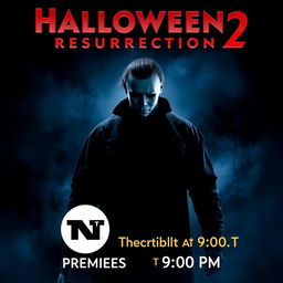 A thrilling movie poster for 'Halloween Resurrection 2', featuring the iconic figure of Michael Myers in a menacing pose, shrouded in shadows, highlighting his signature mask and dark outfit