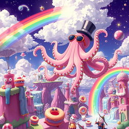 A bizarre and surreal scene depicting the weirdest concept in anime history, where an oversized flying octopus with neon-colored tentacles dances above a city made of candy