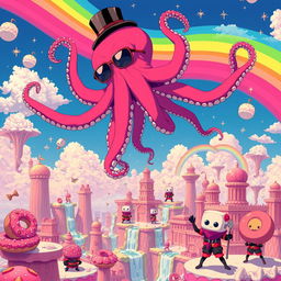 A bizarre and surreal scene depicting the weirdest concept in anime history, where an oversized flying octopus with neon-colored tentacles dances above a city made of candy