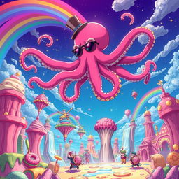 A bizarre and surreal scene depicting the weirdest concept in anime history, where an oversized flying octopus with neon-colored tentacles dances above a city made of candy