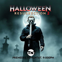 A captivating movie poster for 'Halloween Resurrection 2', featuring Michael Myers, the iconic horror character, prominently in the center of the composition