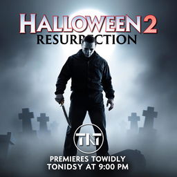 A captivating movie poster for 'Halloween Resurrection 2', featuring Michael Myers, the iconic horror character, prominently in the center of the composition