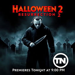 An exciting and spooky movie poster for 'Halloween Resurrection 2', showcasing Michael Myers as the centerpiece, lurking menacingly with his iconic mask and knife