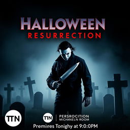 An exciting and spooky movie poster for 'Halloween Resurrection 2', showcasing Michael Myers as the centerpiece, lurking menacingly with his iconic mask and knife