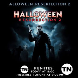 An intense movie poster for 'Halloween Resurrection 2', featuring Michael Myers as the central figure, wielding his iconic knife while standing in a shadowy graveyard