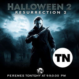 An intense movie poster for 'Halloween Resurrection 2', featuring Michael Myers as the central figure, wielding his iconic knife while standing in a shadowy graveyard