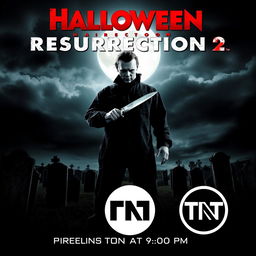 An intense movie poster for 'Halloween Resurrection 2', featuring Michael Myers as the central figure, wielding his iconic knife while standing in a shadowy graveyard