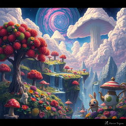 A surreal and bizarre anime landscape filled with the weirdest elements imaginable