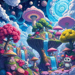 A surreal and bizarre anime landscape filled with the weirdest elements imaginable