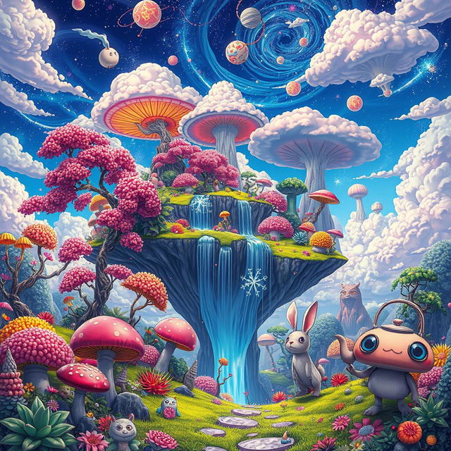 A surreal and bizarre anime landscape filled with the weirdest elements imaginable