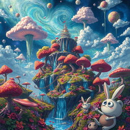 A surreal and bizarre anime landscape filled with the weirdest elements imaginable