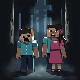 Two Minecraft characters, a male and a female, standing together in a dark, eerie forest, their blocky faces reflecting fear