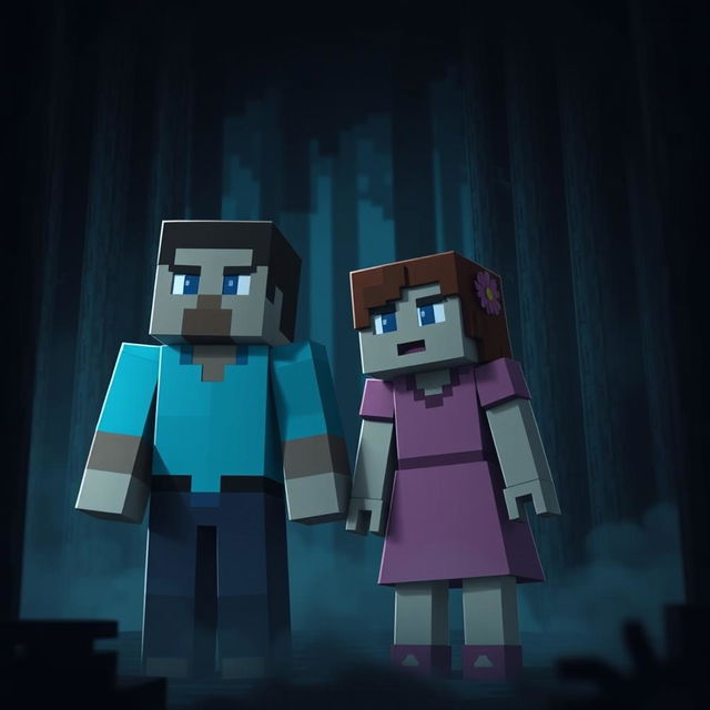 Two Minecraft characters, a male and a female, standing together in a dark, eerie forest, their blocky faces reflecting fear