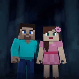 Two Minecraft characters, a male and a female, standing together in a dark, eerie forest, their blocky faces reflecting fear