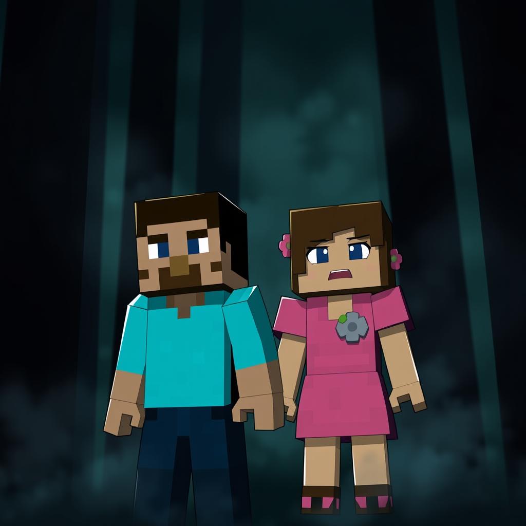 Two Minecraft characters, a male and a female, standing together in a dark, eerie forest, their blocky faces reflecting fear