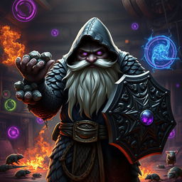 A stout and proud very dark grey-skinned dwarf warrior mage D&D character, showcasing a distinctive white beard resembling rat whiskers and intense glowing purple eyes