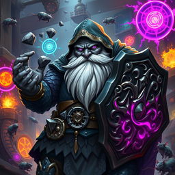 A stout and proud very dark grey-skinned dwarf warrior mage D&D character, showcasing a distinctive white beard resembling rat whiskers and intense glowing purple eyes
