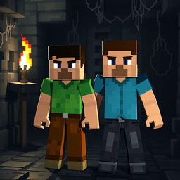 Two Minecraft characters, both male, standing together in a dark, eerie dungeon, their blocky faces showing expressions of fear