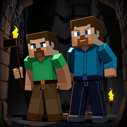 Two Minecraft characters, both male, standing together in a dark, eerie dungeon, their blocky faces showing expressions of fear