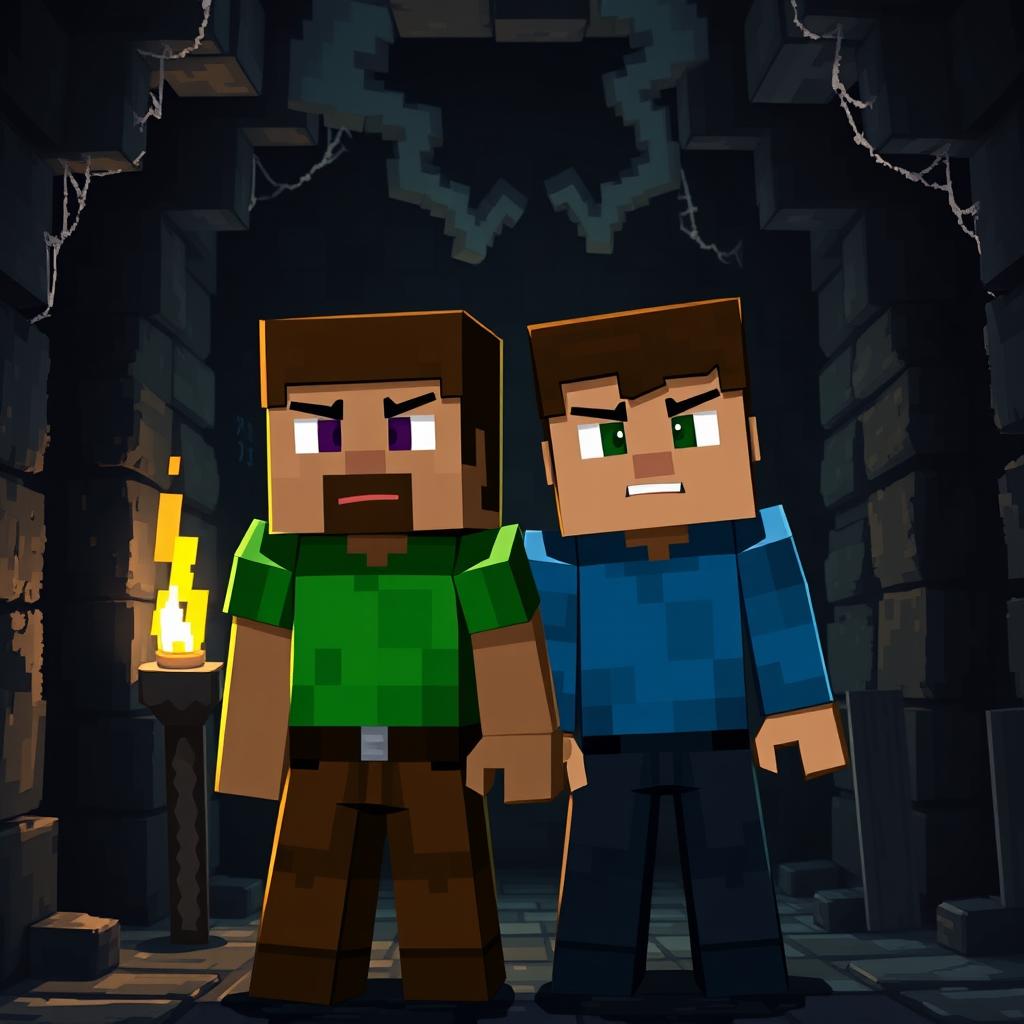 Two Minecraft characters, both male, standing together in a dark, eerie dungeon, their blocky faces showing expressions of fear