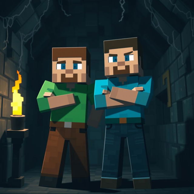 Two Minecraft characters, both male, standing together in a dark, eerie dungeon, their blocky faces showing expressions of fear