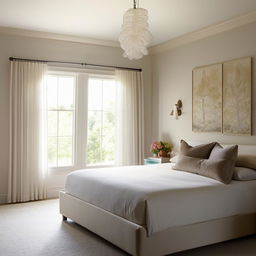 A serene bedroom with soft lighting, a hypoallergenic comforter on a king-sized bed, elegant wall decorations, and a plump, cozy chair by the window