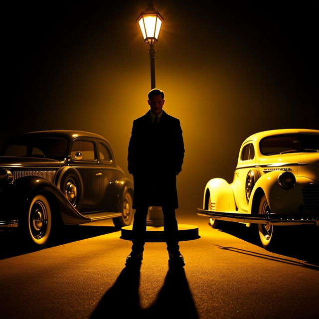 A mysterious man standing in the shadows beneath a glowing streetlight, surrounded by vintage cars from the 1930s to 1942