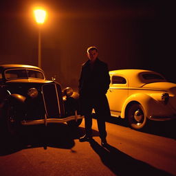 A mysterious man standing in the shadows beneath a glowing streetlight, surrounded by vintage cars from the 1930s to 1942