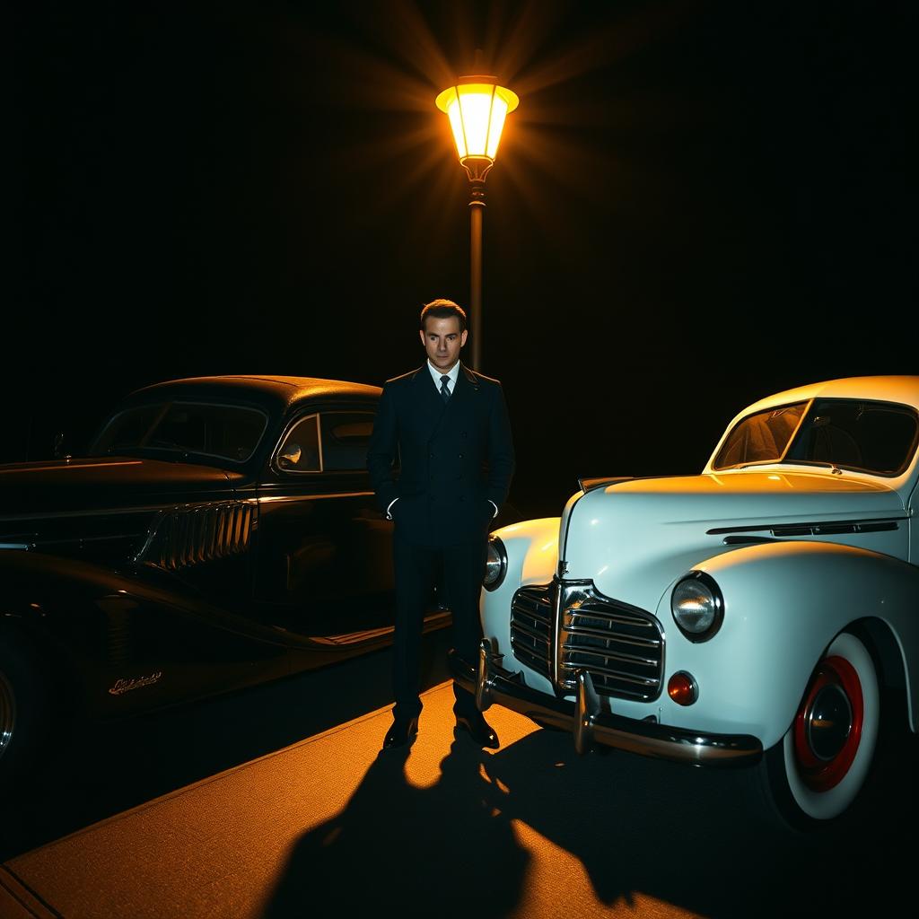 A mysterious man standing in the shadows beneath a glowing streetlight, surrounded by vintage cars from the 1930s to 1942