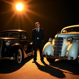 A mysterious man standing in the shadows beneath a glowing streetlight, surrounded by vintage cars from the 1930s to 1942