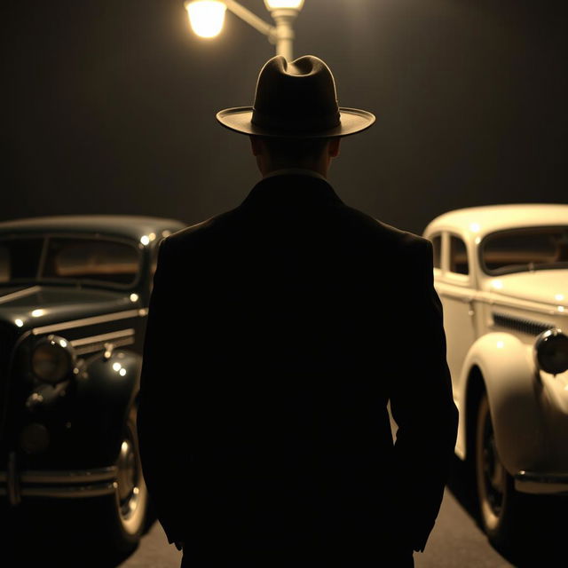 A rear view of a man wearing a stylish hat, standing in the dark under a glowing streetlight