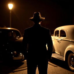 A rear view of a man wearing a stylish hat, standing in the dark under a glowing streetlight