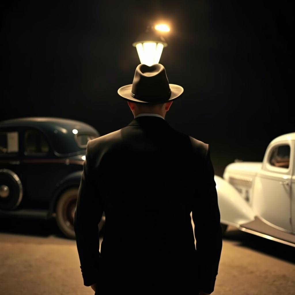 A rear view of a man wearing a stylish hat, standing in the dark under a glowing streetlight