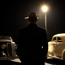 A rear view of a man wearing a stylish hat, standing in the dark under a glowing streetlight