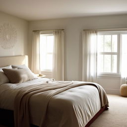 A serene bedroom with soft lighting, a hypoallergenic comforter on a king-sized bed, elegant wall decorations, and a plump, cozy chair by the window