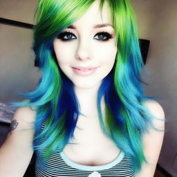 Hermosa chica emo real de cabello verde con azul