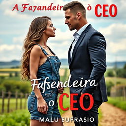 A captivating romance novel cover titled "A Fazendeira e o CEO" featuring a stunning 18-year-old young woman with an angelic face