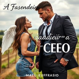 A captivating romance novel cover titled "A Fazendeira e o CEO" featuring a stunning 18-year-old young woman with an angelic face