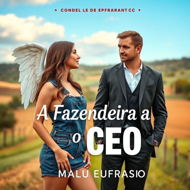 A captivating romance novel cover titled "A Fazendeira e o CEO" featuring a stunning 18-year-old young woman with an angelic face