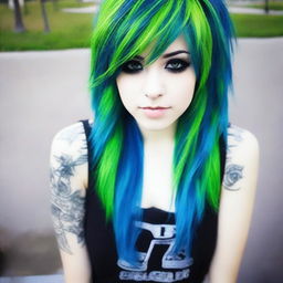 Hermosa chica emo real de cabello verde con azul