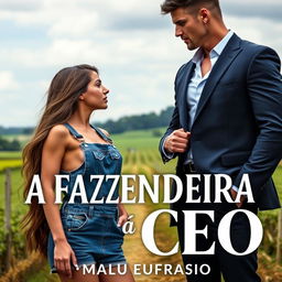 A captivating romance novel cover titled "A Fazendeira e o CEO" featuring a stunning 18-year-old young woman with an angelic face