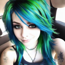 Hermosa chica emo real de cabello verde con azul