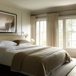 A serene bedroom with soft lighting, a hypoallergenic comforter on a king-sized bed, elegant wall decorations, and a plump, cozy chair by the window