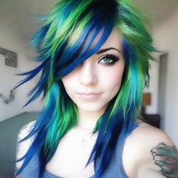 Hermosa chica emo real de cabello verde con azul