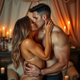 An intimate scene featuring a couple embracing in a romantic setting